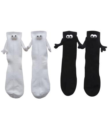 2 Pairs Funny Couple Socks Magnetic Hand in Hand Doll Black White Socks for Men Women Novelty Cartoon One Size White+black