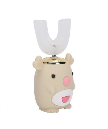 Electric children's toothbrush U-shaped silicone toothbrush Intelligent rechargeable automatic Sonic toothbrush cartoon design IPX7 waterproof (6-14 Years Old-Beige) 6-14 Years Old Beige