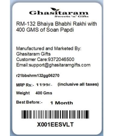 Ghasitaram Gifts Rakhi for Brother Rakhis Online - RM-132 Bhaiya Bhabhi Rakhi with 400 GMS of Soan Papdi - Buy Online on GoSupps.com