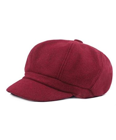 Women Vintage Newsboy Cabbie Peaked Beret Cap Warm Baker Boy Visor Hat Flat Cap Wine Red