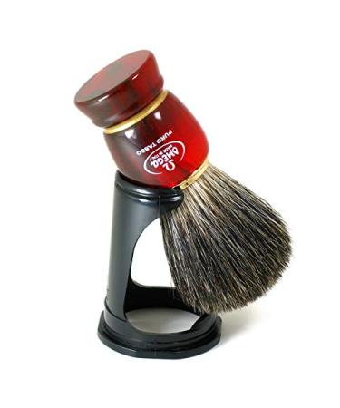 Omega shaving brush in black badger with resin handle and stand.