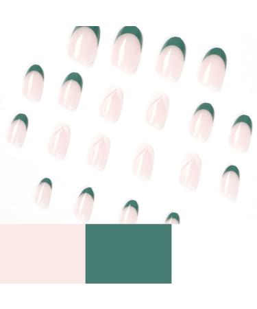 24Pc Short Glossy Almond Design Press on Nails - French Green False Nails Kit with Glue - Oval Green White Nail Tips - Buy Online on GoSupps.com
