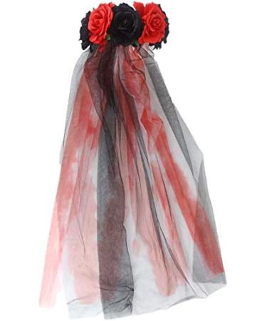 Ladies Day of the Dead Mesh Veil with Roses Garland Vintage Halloween Carnival Party Headband Fancy Dress Flowery Adults Costume Hairband Gothic Corpse Bride Veil Headpiece Head Buckle Wreath (Red)