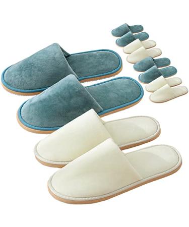 6 Pairs Spa Slippers, Washable & Reusable Closed Toe Disposable Indoor Hotel Slippers, Soft Home Coral Fleece Slipper,Super Soft Crystal Velvet, Padded Sole for Comfort- for Guests, Hotel, Travel ,Wedding Blue*3+cream*3
