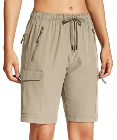 MOCOLY Hiking Cargo Shorts Women 8.5" Quick Dry Lightweight Golf Shorts for Camping Travel Athletic with Zipper Pockets Khaki Medium