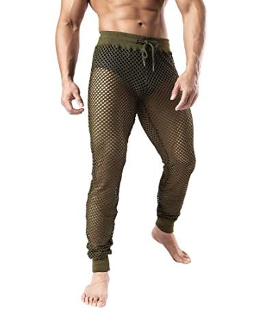 JOGAL Men's Mesh Fishnet See Through Pants Stretchy Muscle Leggings Armygreen Medium