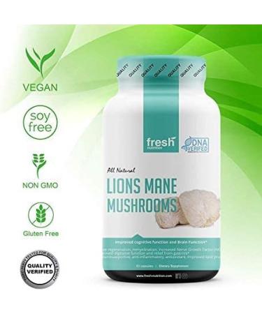Fresh Nutrition Organic Lions Mane Mushroom Capsules - DNA Verified Formula - Rich in Alpha Glucan - Superfood Supplement - Vegan Friendly | Non GMO & Gluten Free - Buy Online on GoSupps.com