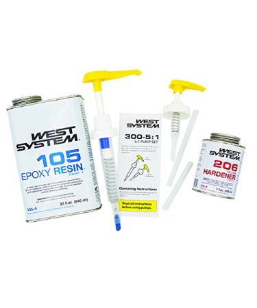 West System 105A Epoxy Resin (32 fl oz) Bundle with 206A Slow Epoxy Hardener (7 fl oz). Also Includes one Resin and one Hardener Pump.