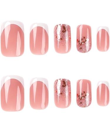Short Square White French Press on Nails with Nail Tips Glitter powder fake nails press on nails Acrylic False Nails Cute Artificial Nails for Women and Girls - Buy Online on GoSupps.com