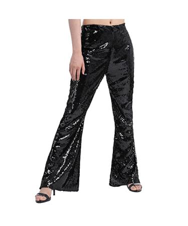 Womens High Waist Sequin Sparkle Flared Pants Black Large