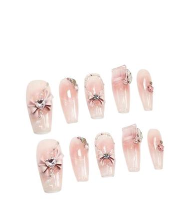 Temperament manicure hand-wearing a pink bow with drilling sweet powder manicure finished transparent student princess spice girl.(XS)