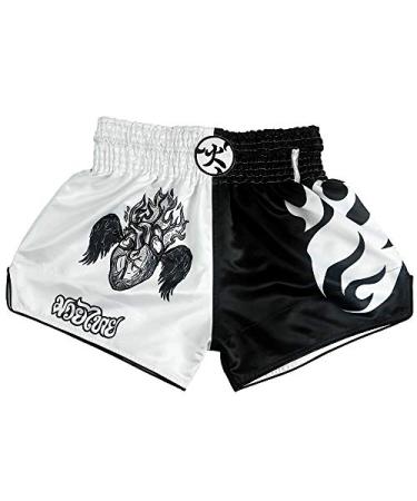 HUOLEI Muay Thai Shorts for Men and Women, High Grade MMA Gym Boxing Kickboxing Shorts. 1white&black XS- FIT WAIST 22"-24"