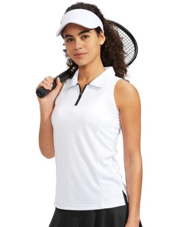 Viodia Women's Sleeveless Golf Shirt with Zip Up Tennis Quick Dry Tank Tops Polo Shirts for Women Golf Apparel Clothes Small White
