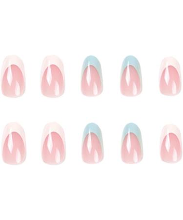 Justotry 24 Pcs Almond False Nails Short Pale Blue and White French Press on Nails | Nude Fake Nails with Glue | Oval Stick on Nails for Women Nails Art - Buy Online on GoSupps.com