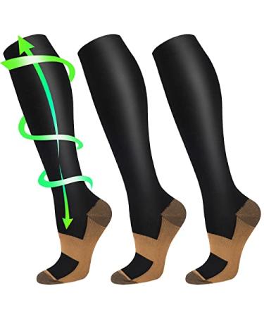 Iseasoo 3 Pairs Copper Compression Socks for Women&Men Circulation 20-30mmHg-Best for Medical,Running,Athletic,Nursing A01-black*3 Large-X-Large