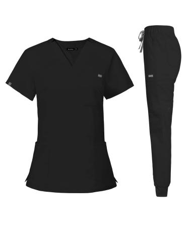 niaahinn Classic Scrub Set for Women- Scrubs Top Workwear & Yoga Jogger Scrub Pants Nursing Uniform Black Small