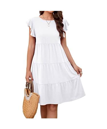 ZEKPEGAN Summer Dresses for Women 2023,Casual Babydoll Short Sleeve Tiered Ruffle Pleated Flowy Boho Beach Mini Sundress Medium A-white