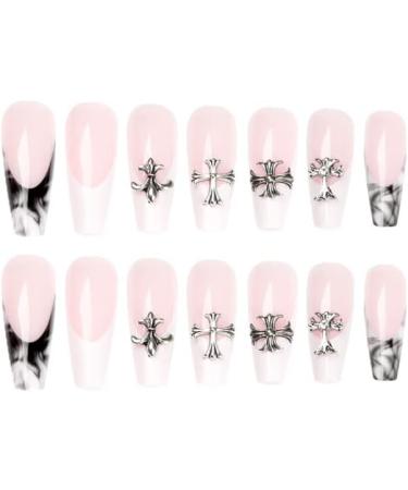 French Tip Press on Nails - Long Press On Nails with Nail Tips Black and white halo dyed cross design fake nailspress on nails Acrylic False Nails Cute Artificial Nails - Buy Online on GoSupps.com