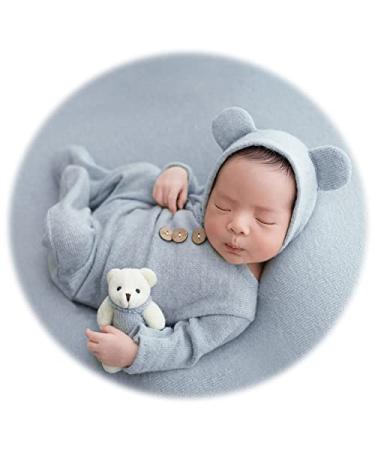 Zeroest Newborn Photography Outfit Baby Photoshoot Props Prince Infant Photo Prop Bear Outfits New Born Boy Hat Clothes Set Light Blue