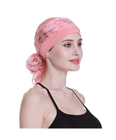 Elegant Chemo Cap with Silky Scarfs for Cancer Women Hair Loss Sleep Beanie Coral