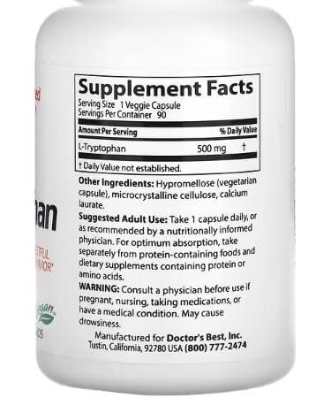 Doctor's Best L-Tryptophan with TryptoPure 500mg - 90 Vegetable Capsules - Support for Sleep and Mental Health - Buy Online on GoSupps.com