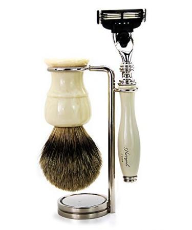 3 Pc Men's Shaving Kit - Premium 3 Edge Razor Silver Tip Badger Hair Brush & Stainless Steel Stand - Perfect Gift for Men - Buy Online on GoSupps.com