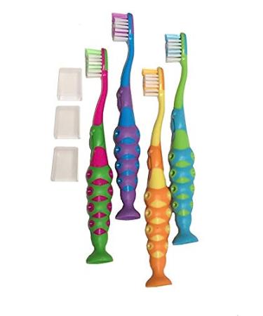 4-Pack of Kids Children Boy Girl Toddler Extra Soft Bristle Easy Grip BPA Free Toothbrush Set w/Suction Base and Travel Dust Covers