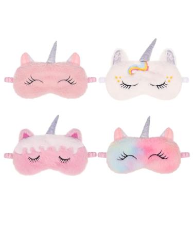 Heyu-Lotus 4 Pcs Kids Eye Masks for Sleeping Kids Eye Mask Cute Unicorn Animal Plush Sleeping Mask Kids Sleeping Mask for Girls Adult Children(Pink+White+Corlorful+Pink&White)