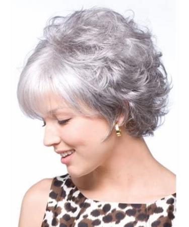 SEVENCOLORS Short Grey Wigs for White Women Natural Curly Short Gray Pixie Cut Wigs with White Bangs Silver Synthetic Hair Wigs for Older Lady