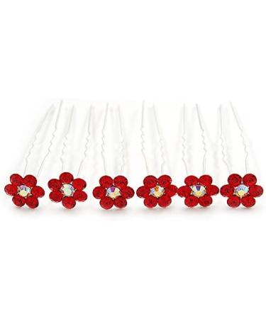Bridal/Wedding/Prom/Party Set Of 6 Red Austrian Crystal Daisy Flower Hair Pins In Silver Tone - Buy Online on GoSupps.com