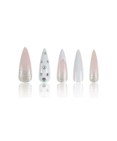Stiletto Press On Nails - White Medium Length Acrylic Ombre Rhinestone Designs | Fancy Gel Manicure & Glue for Weddings | Stick On Nails for Women & Girls - Buy Online on GoSupps.com