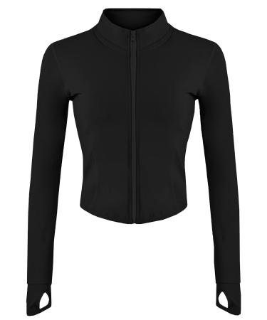 Gacaky Women's Lightweight Athletic Full Zip Seamless Workout Track Jacket with Thumb Holes Black Small