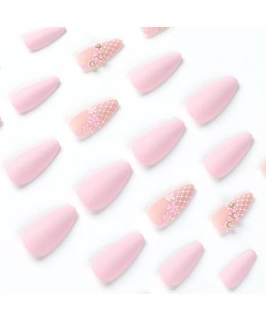 24PCS Medium Almond Flower Press on Nails - Pink Glossy False Nails with Glue | Spring Nail Decoration for Women - Buy Online on GoSupps.com