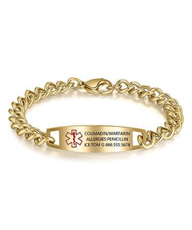 Nameinhea Custom Medical Alert Bracelets for Women Men Free Engraved Adjustable Stainless Steel Waterproof Emergency Medical ID Bracelets Allergy Wristband gold