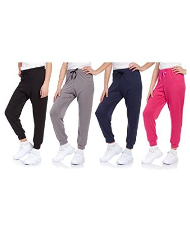 Sweet Hearts Girls' Sweatpants - 4 Pack Super Soft Athletic Performance Jogger Pants (7-16) Black/Grey/Fuchsia/Navy 10-12