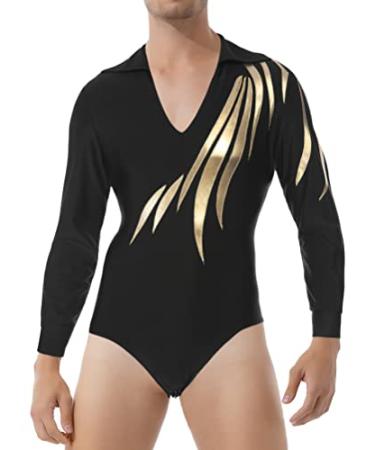Aislor Men's Long Sleeve V Neck Leotard Bodysuit Shirts Modern Latin Jazz Tango Rumba Dance Costume Black a 3X-Large