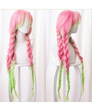 Blade of Demon Slayer Kanroji Mitsuri Cosplay Wig Kimetsu no Yaiba Long Ponytail Gradient Pink Green Three Braids Hair + Wig Cap