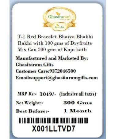 Ghasitaram Gifts Rakhis Online - Rakhi for Brother-T-1 Red Bracelet Bhaiya Bhabhi Rakhi with 100 GMS of Dryfruits Mix Can 200 GMS of Kaju katli Rakhi Set & 100g Dryfruits Mix Can 200g Kaju katli - Buy Online on GoSupps.com