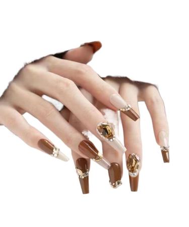 Temperament manicure caramel color in autumn and winter new Chinese style French dressing armor white fashion long finished nail patch two-color splicing.(XS)