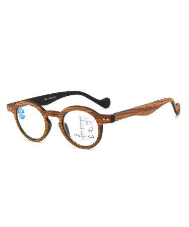 Retro Wood Grain Reading Glasses Round Progressive Multifocus Readers Men Women Computer Glasses Blue Light Blocking +1.5 Brown