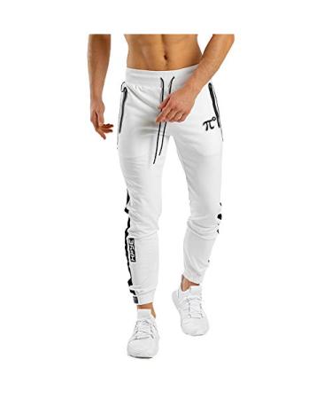 PIDOGYM Men's Athletic Running Sport Jogger Pants Slim Striped Workout Casual Joggers Tapered Sweatpants White Medium