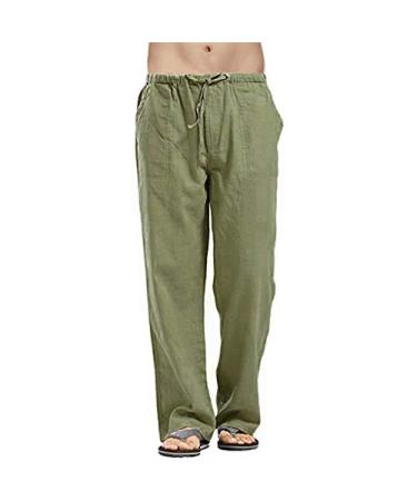 Men's Linen Pants Casual Loose Fit Lightweight Elastic Waist Pants Summer Beach Yoga Long Pants Trousers Medium #B-army Green