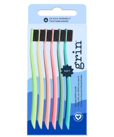 Grin | Gentle Charcoal Infused Toothbrush | Ultra Soft Natural Bristle Toothbrush | Best for Sensitive Gums | Extra Soft Bristle for Adults and Kids Teeths | Made from Recycled Material (Pack of 6) 1 Count (Pack of 6)