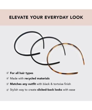 Kitsch Non-Slip Headbands for Women - 3pc Set | Recycled Plastic, Thin Black Bands for Long & Short Hair - Buy Online on GoSupps.com