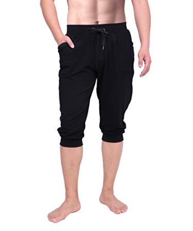 HDE Mens 3/4 Pants Workout Jogger Yoga Capri Shorts with Pockets for Running Large Black