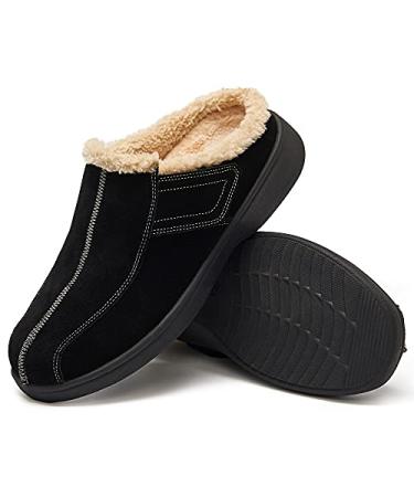 EVGLOW Men's Suede Leather House Slippers Arch Support Non Slip Christmas Gift(Size:US 8-US 14) 12-12.5 All Black