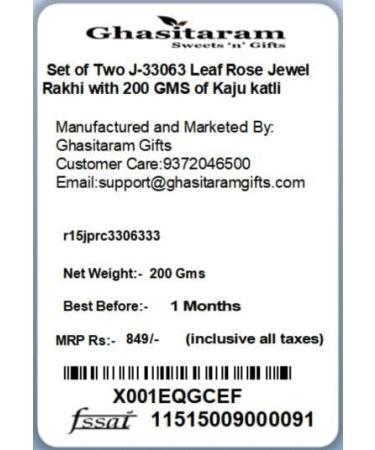 Ghasitaram Gifts Rakhi for Brother Rakhis Online - Set of Two J-33063 Leaf Rose Jewel Rakhi with 200 GMS of Kaju katli - Buy Online on GoSupps.com