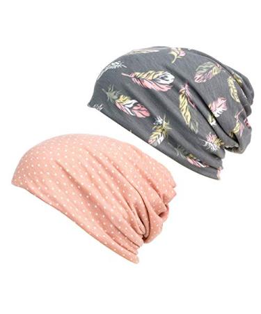 HONENNA Printed Turban Headband Chemo Cap Soft Sleep Beanie Gray+spot