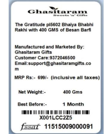 Ghasitaram Gifts Rakhis Online - Rakhi for Brother- The Gratitude pl5602 Bhaiya Bhabhi Rakhi with 400 GMS of Besan Barfi Rakhi Set with 400 gms of Besan Barfi - Buy Online on GoSupps.com