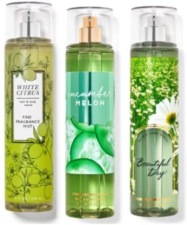 Bath and Body 3 Pack FINE FRAGRANCE MIST 8 fl oz / 236 mL (Packaging may Vary) (TRIO # 2 (Cucumber Melon White Citrus Beautiful Day))